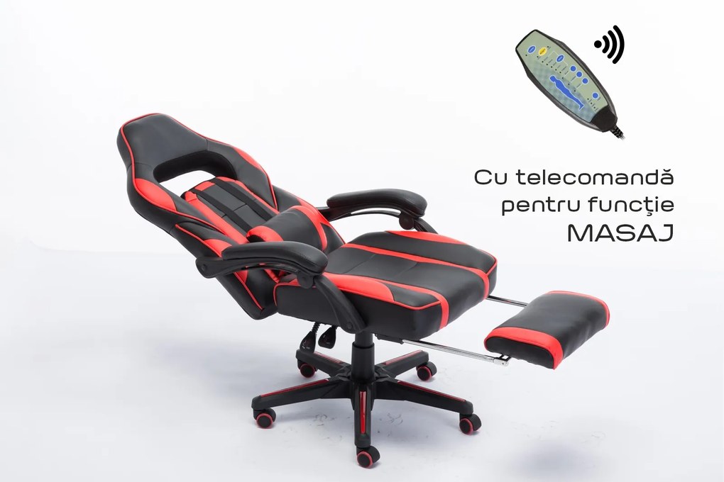 Scaun gaming cu masaj, suport picioare, funcție șezlong, SIG 8069M, Negru/Roșu