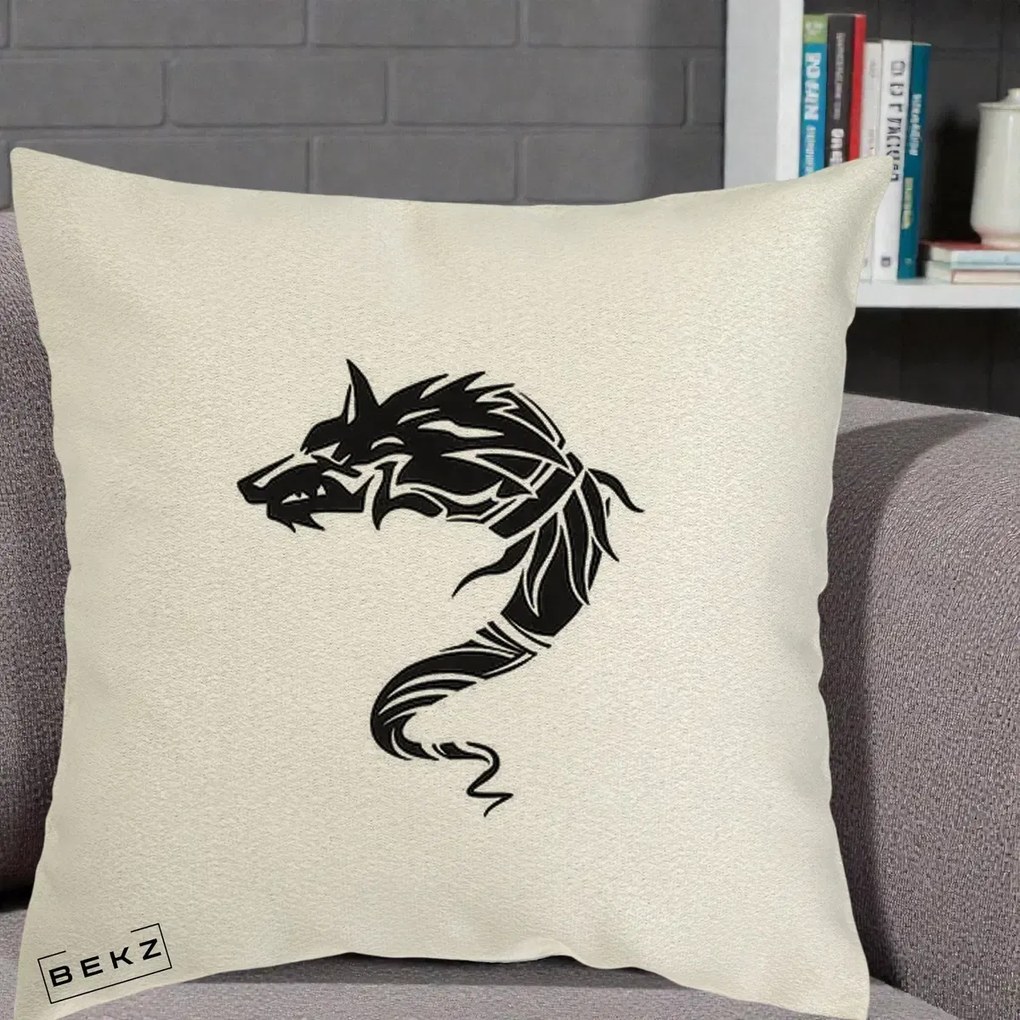 Perna Decorativa Lup Tribal Alb-Negru, 40x40 cm, Ecru, Husa Detasabila, Perna Inclusa, BEKZ®