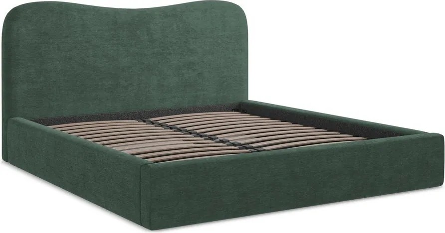 Pat matrimonial verde tapițat cu spațiu de depozitare cu somieră 160x200 cm Kahai – Makamii