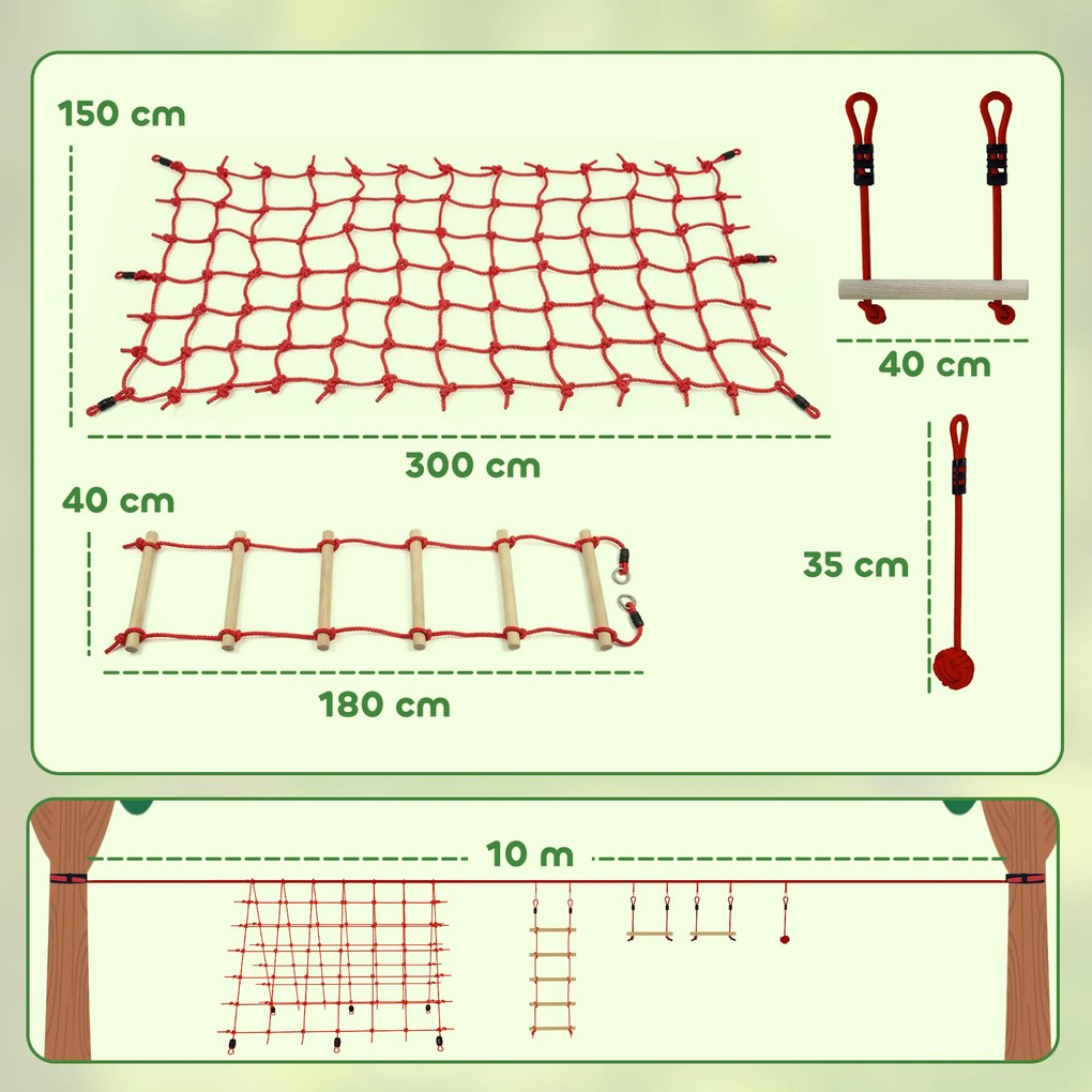 AIYAPLAY Ninja Line Set Slackline pentru copii 10 m cu inele, leagăn, scară de cățărat și plasă de cățărat pentru 3-6 ani 1000x300x180 cm Roșu | Aosom Romania