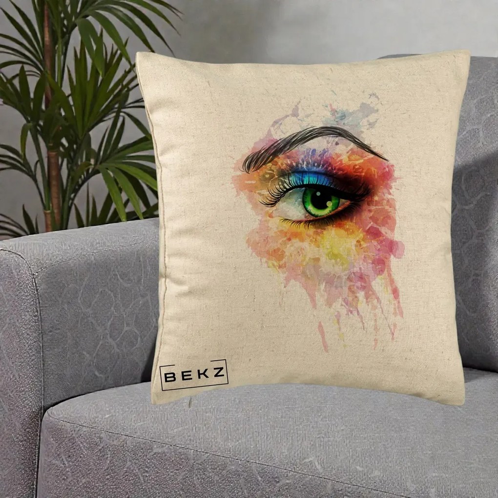 Perna Decorativa Ochi Verde Acuarela, 40x40 cm, Bej, Husa Detasabila, Perna Inclusa, BEKZ®