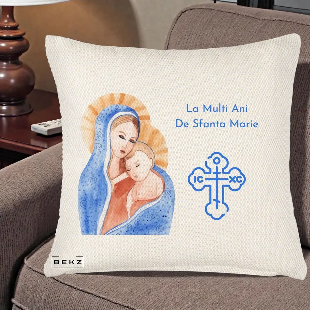 Cadou de Onomastica - Perna Personalizata Sfanta Marie Icoana Acuarela, 40x40 cm, Crem Reliefat, Husa Detasabila, Perna Inclusa, BEKZ®