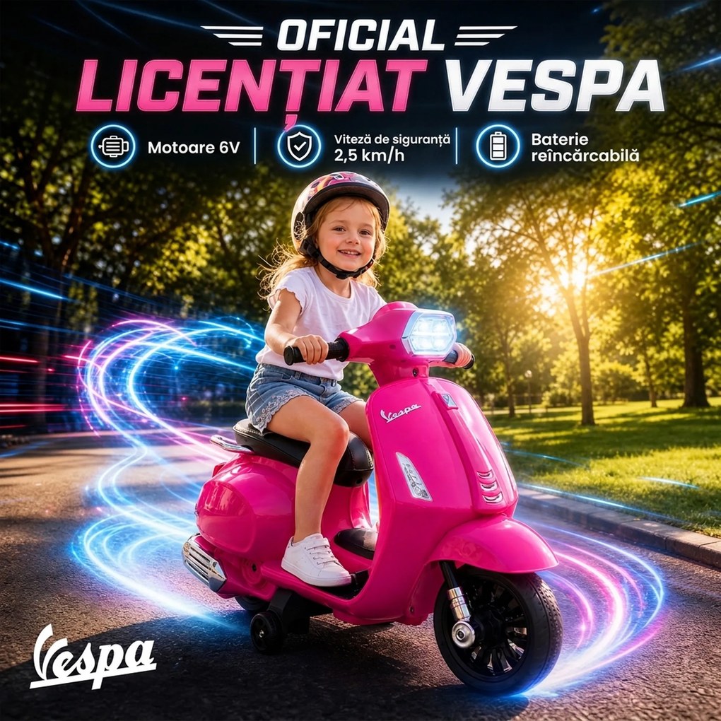AIYAPLAY Motocicletă electrică copii Vespa 6V cu roți de sprijin, far, claxon pentru 2-6 ani 71 x 37 x 52 cm Roz | Aosom Romania