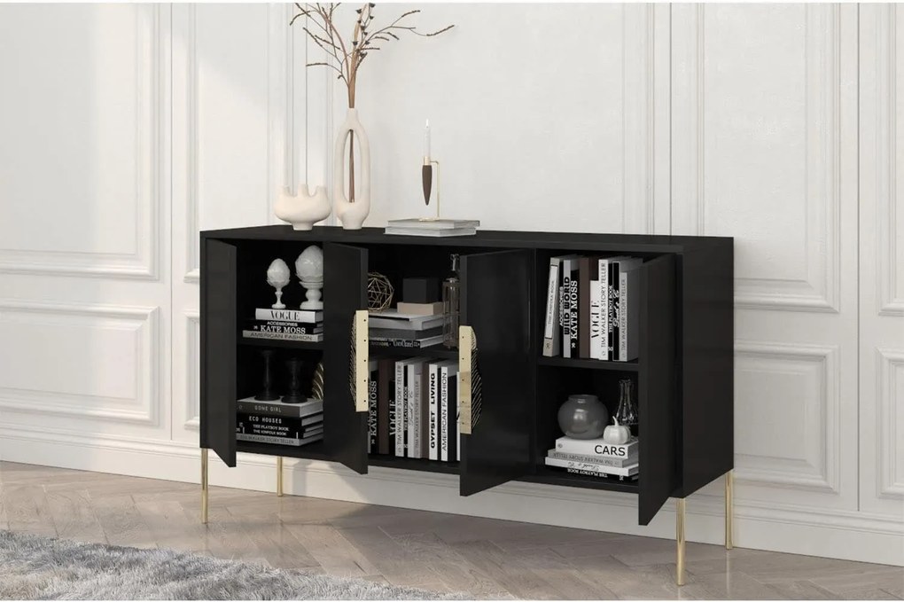 Comodă lemn masiv Merlin Personalizabilă Accesorii placate cu Aur, 138 × 40 × 79 cm - Alb
