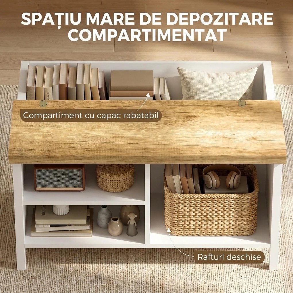 HOMCOM Ladă de Depozitare pentru Interior, 80x60x40 cm, cu Capac Rabatabil, Stil Nordic, Culoare Lemn | Aosom Romania