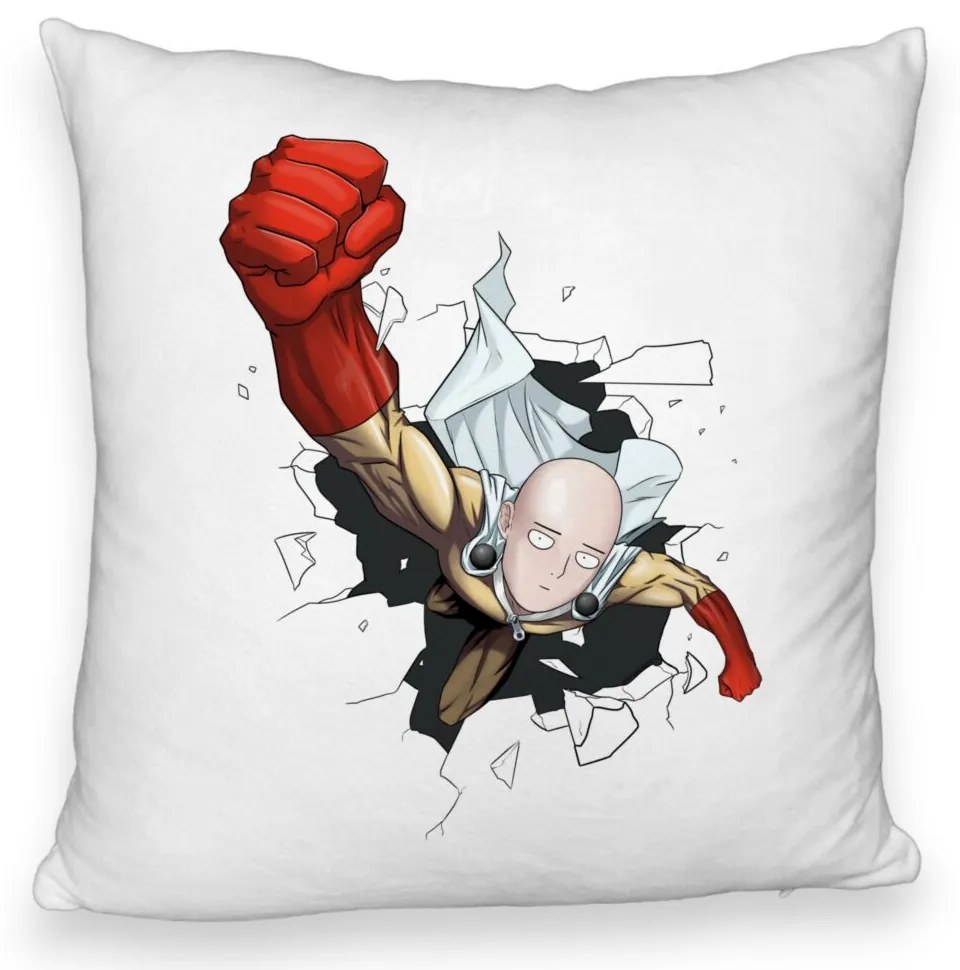 Perna Decorativa Fluffy cu One Punch man, 40x40 cm, Alba, Husa Detasabila, Burduf