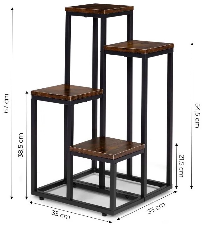 Suport pentru flori Loft - 4 rafturi, oțel negru și decor din lemn