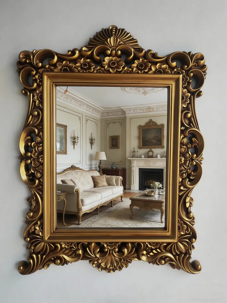 Oglindă decorativă de perete, ramă aurie antichizată, 64 × 84 cm
