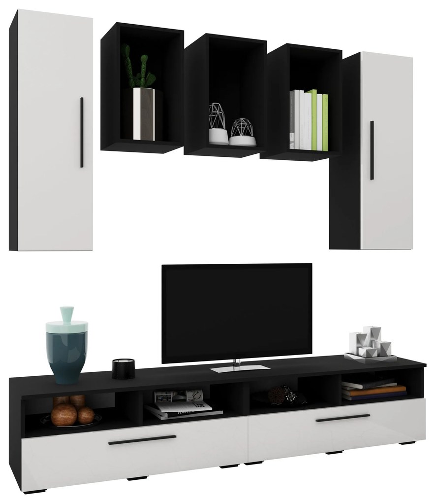 Living Kos V9, Negru/Alb Lucios, MDF, L 190 cm