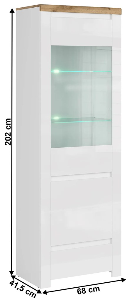 Vitrină Vilgi 1D1W1S (alb lucios + stejar wotan). 1064642