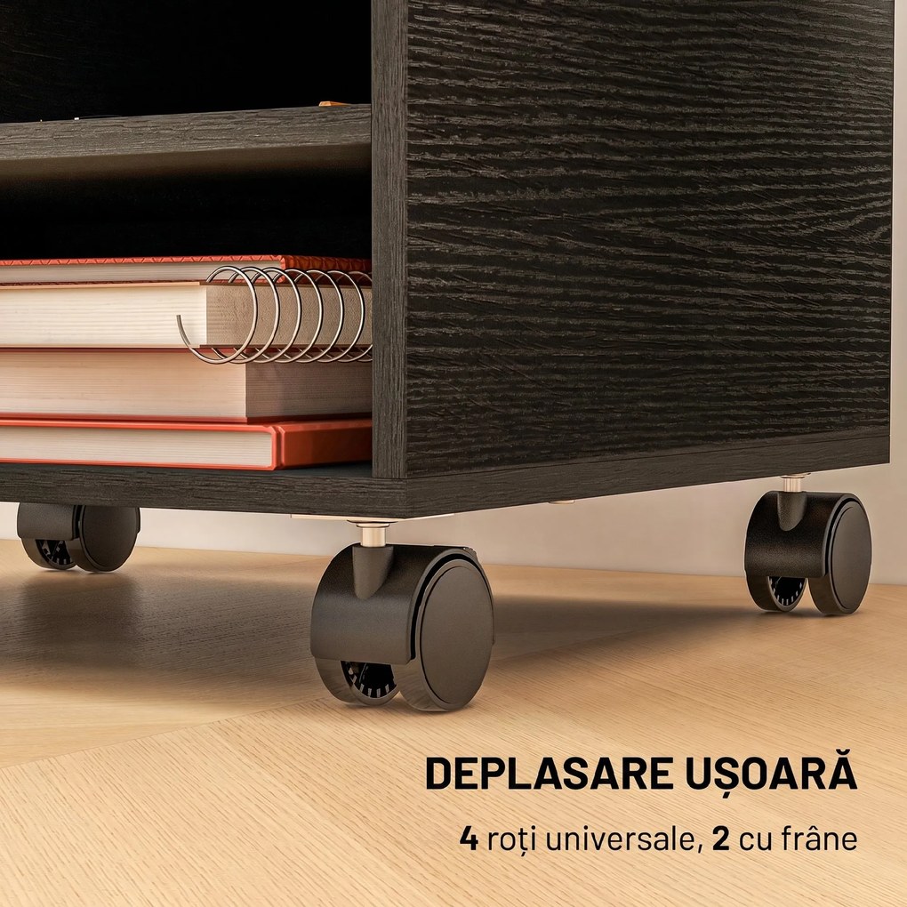 HOMCOM Cabinet pentru Imprimantă cu 2 Rafturi, Birou din Lemn și Cabinet de studiu cu Roți, 47x40x22.5 cm, Negru | Aosom Romania