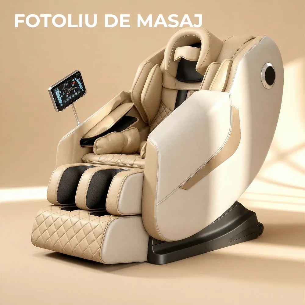 Fotoliu de Masaj GAIUS ULTRA PREMIUM – Tehnologie, Relaxare și Eleganță - AI Voice, Incalzire, Zero Gravity, difuzoare Bluetooth, Bej
