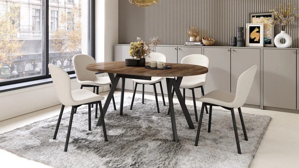 Mazzoni ALMO Nuc Elegant/picioare negre - MASĂ ROTUNDĂ EXTENSIBILĂ CU PICIOARE ÎN FORMĂ DE Y STIL LOFT PENTRU SALON/SUFRAGERIE