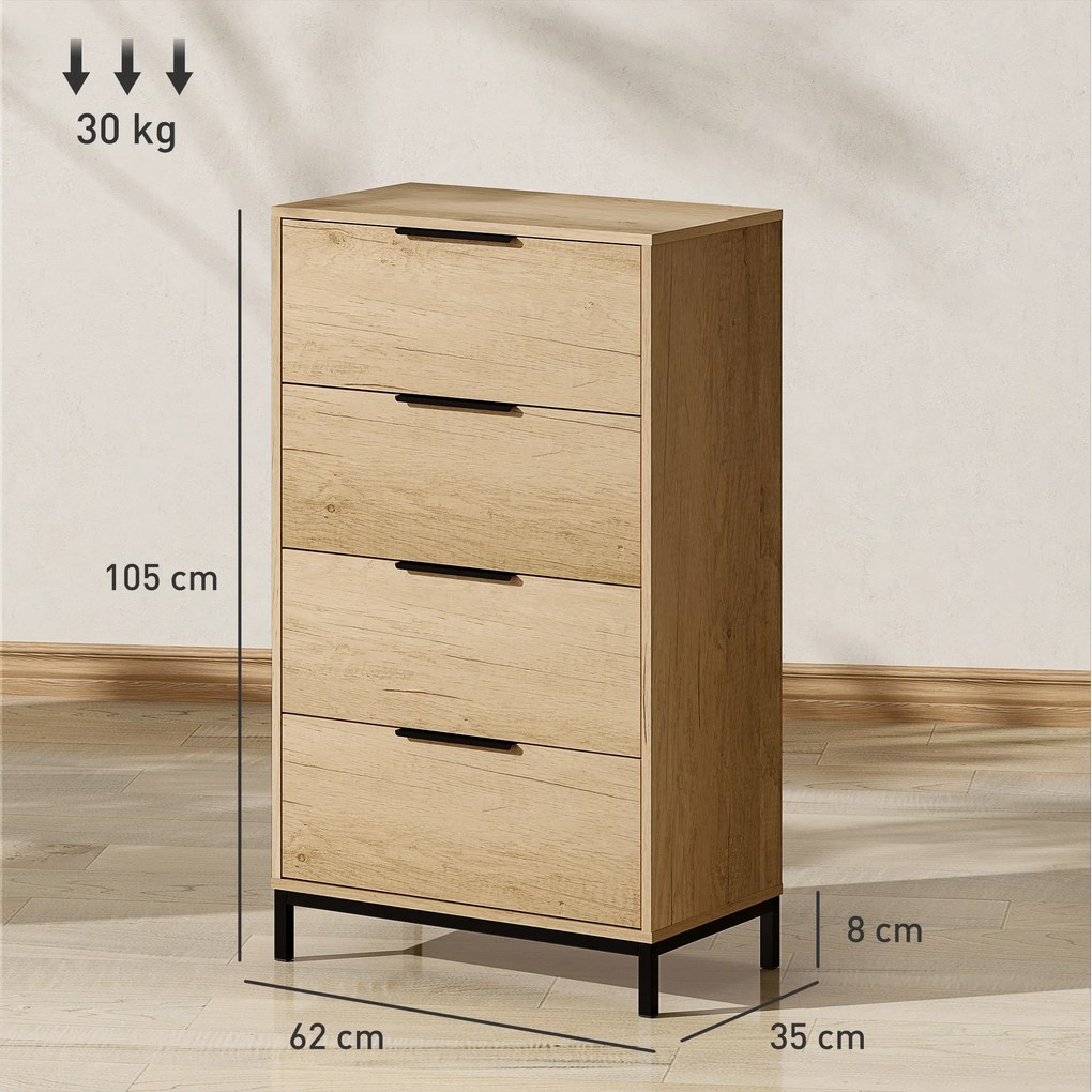 HOMCOM Comodă înaltă pentru dormitor cu 4 sertare, mânere metalice, comodă îngustă pentru living/hol 62x35x105 cm Natural | Aosom Romania