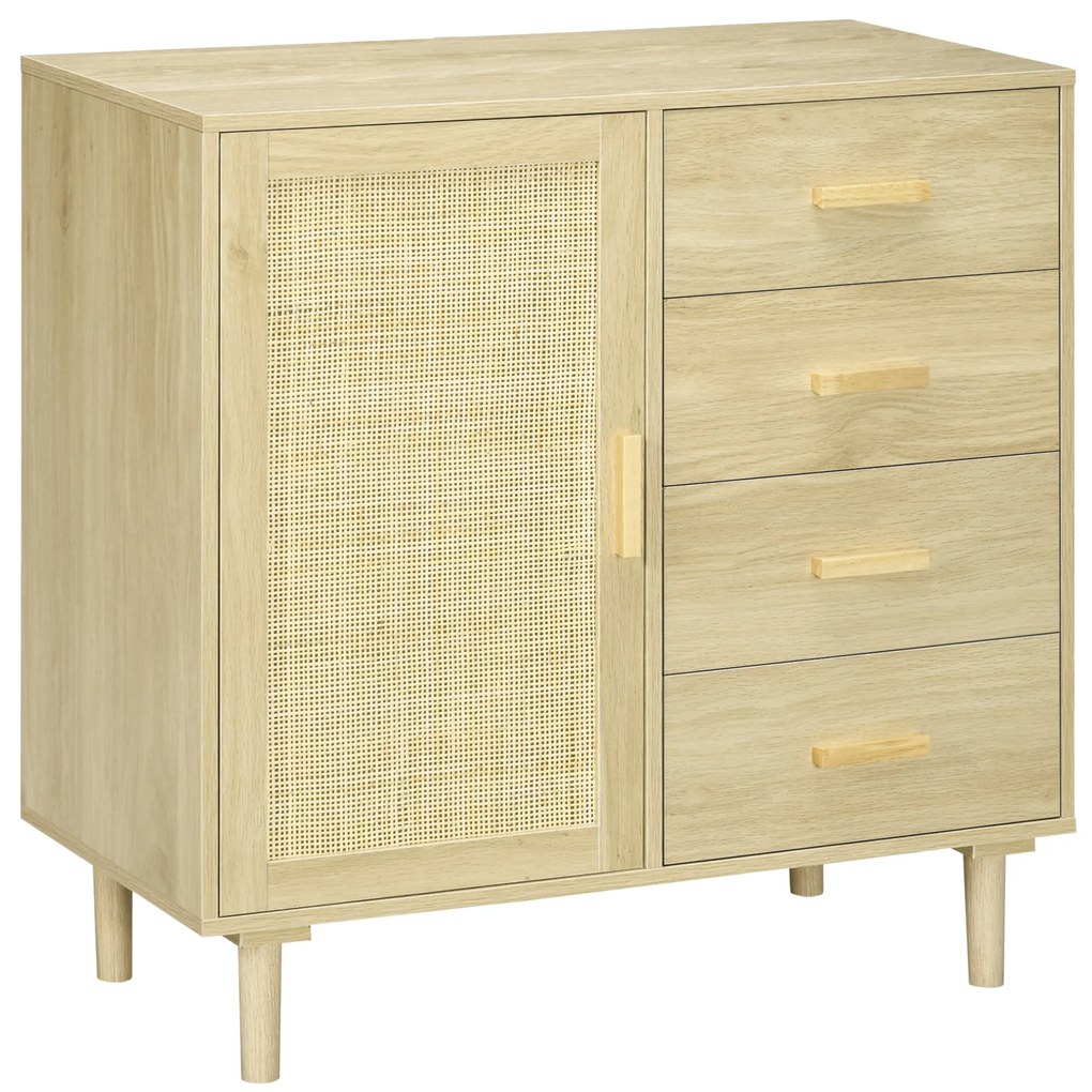 HOMCOM Bufet rotin cu dulapuri cu ușă cannage și 4 sertar, 80 x 38 x 80,5 cm, efect lemn natural | Aosom Romania