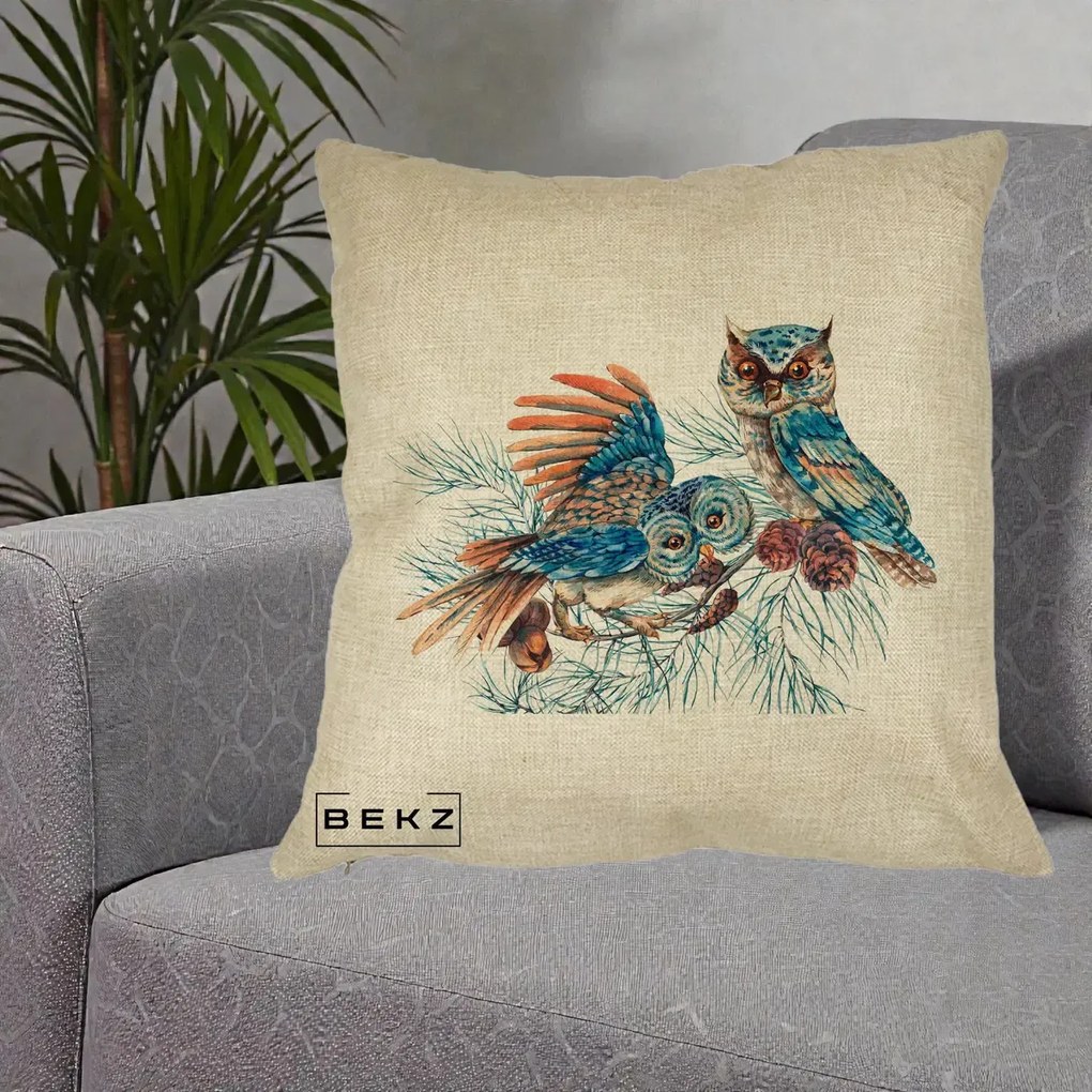 Perna Decorativa Bufnite de Iarna Albastre, 40x40 cm, Crem, Husa Detasabila, Perna Inclusa, BEKZ®