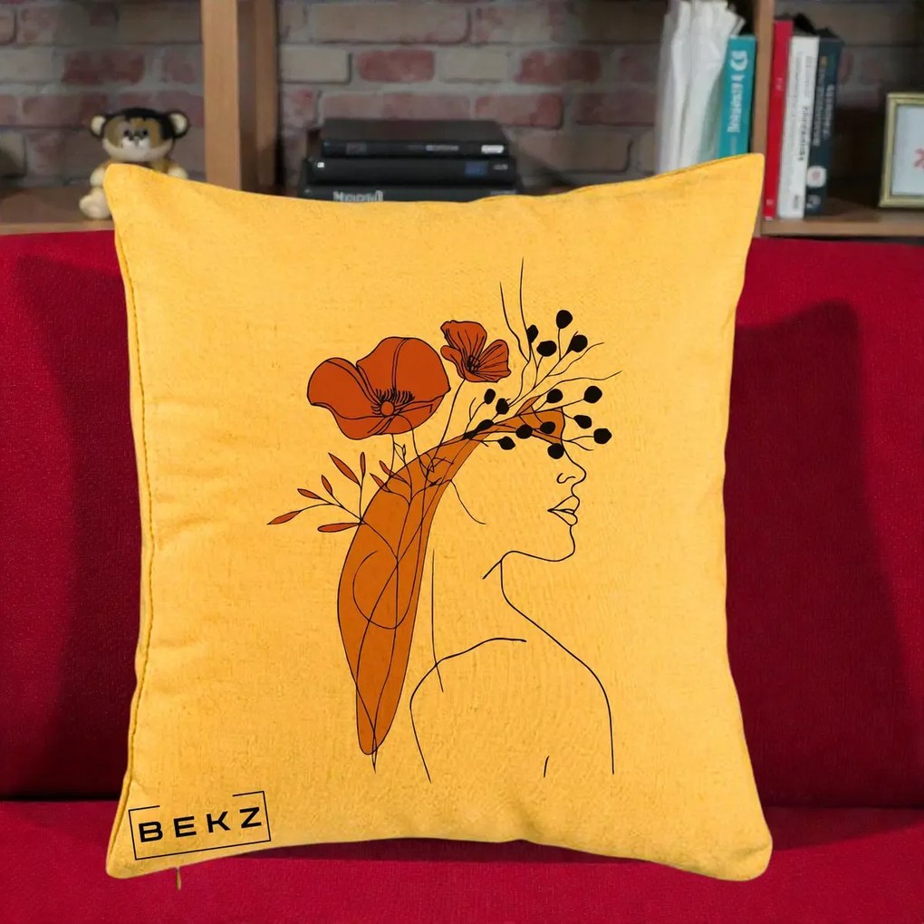 Perna Decorativa Portret Feminin Maci Rosii Auriu, 40x40 cm, Galben, Husa Detasabila, Perna Inclusa, BEKZ®