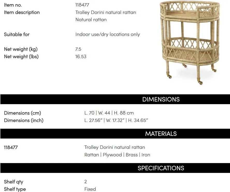 Gheridon, Masuta cu roti din ratan design LUX Dorini