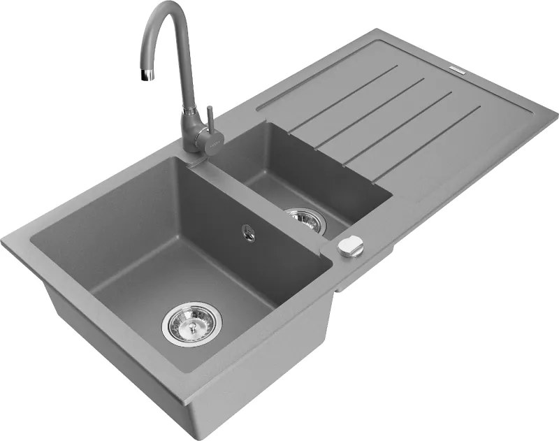 Mexen Andres chiuvetă de granit cu 1,5 compartimente cu scurgător și baterie de bucătărie Telma, gri - 6515-71-670200-71