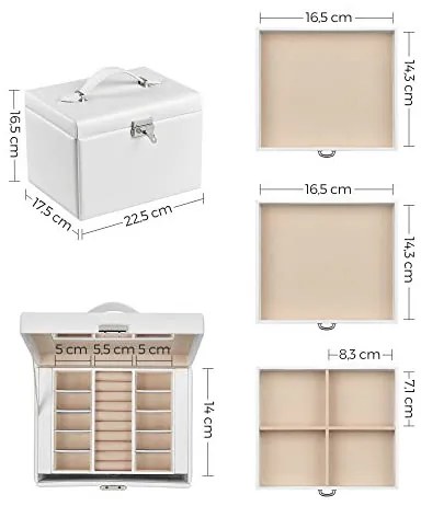 Cutie de bijuterii, Songmics, 17.5 x 22.5 x 16.5 cm, JBC159W01, Alb