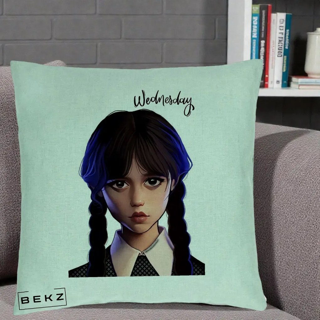 Perna Personalizata Wednesday Addams Portret Realist, 40x40 cm, Verde Menta, Husa Detasabila, Perna Inclusa, BEKZ®