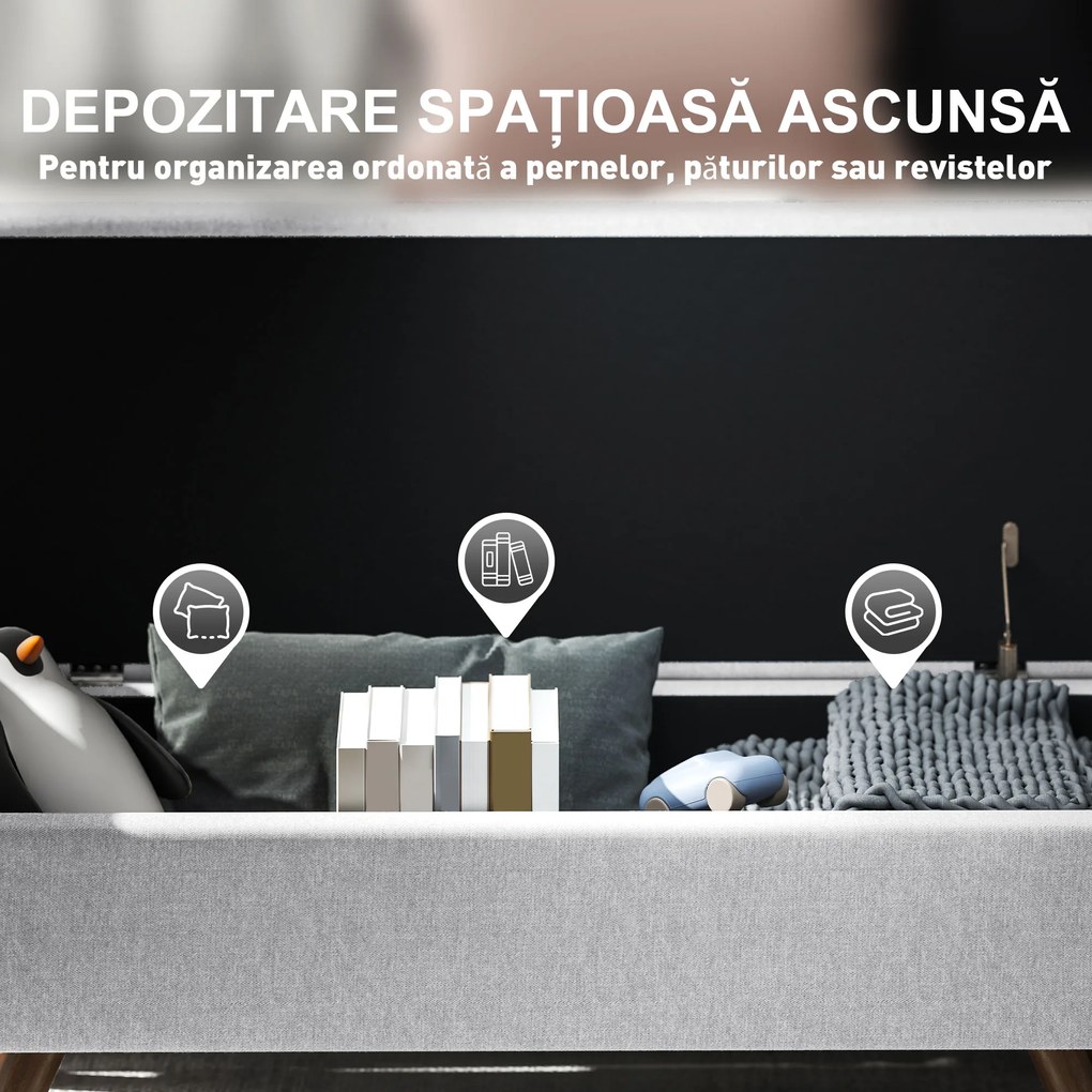 HOMCOM Bancă cu Spațiu de Depozitare cu Cotiere din Țesătură și Lemn 132x42x50 cm Gri | Aosom Romania