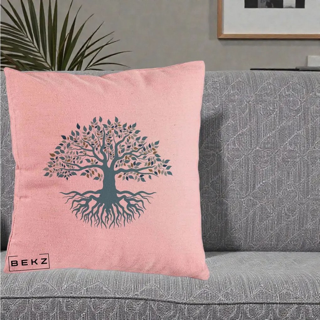 Perna Decorativa Copacul Vietii Teal cu Radacini, 40x40 cm, Roz, Husa Detasabila, Perna Inclusa, BEKZ®