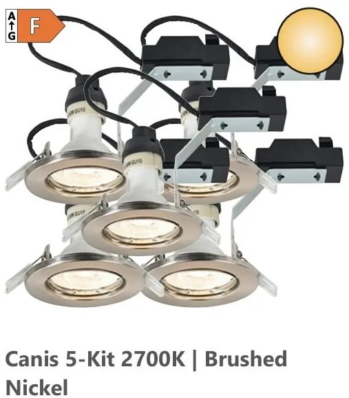 Set de 5 spoturi incastrabile directionabile cu bec GU10 2700K Canis nickel