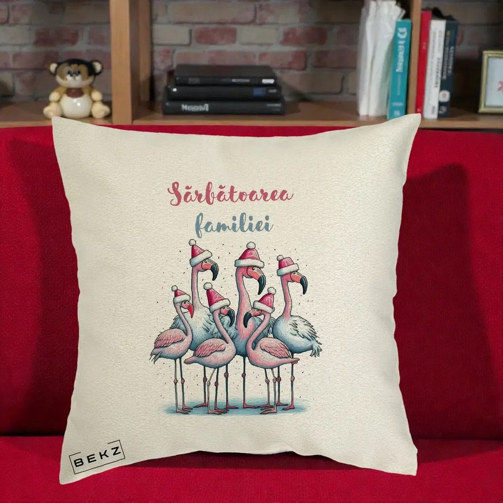 Perna Decorativa Flamingo Craciun Sarbatoarea Familiei, 40x40 cm, Ecru, Husa Detasabila, Perna Inclusa, BEKZ®