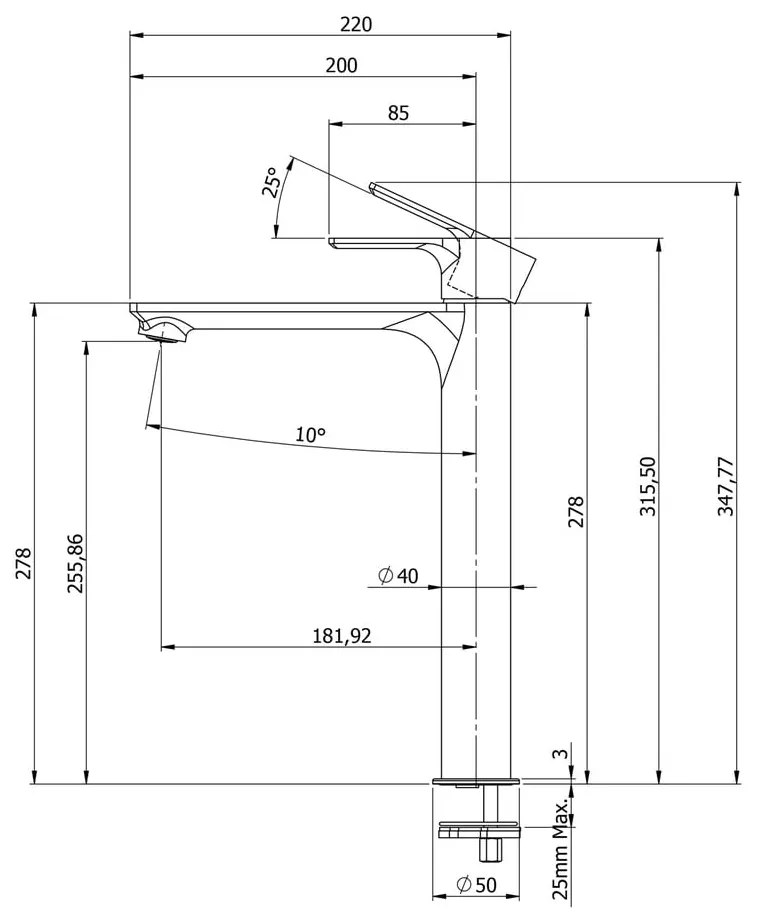 Baterie negru-mat pentru chiuvetă înaltă Pax – Sapho