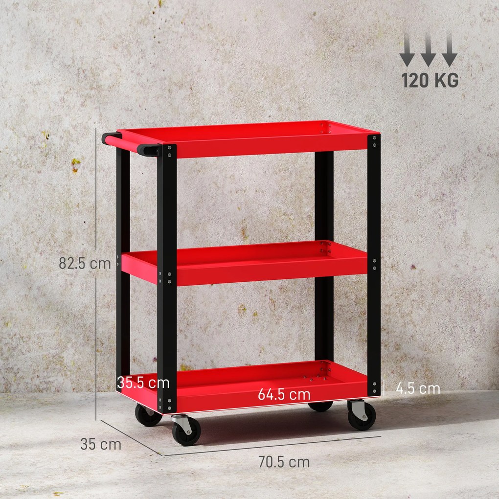 HOMCOM Cărucior Porta Unelte cu 3 Rafturi din Metal și PP, 70.5x35x82.5 cm, Roșu și Negru | Aosom Romania