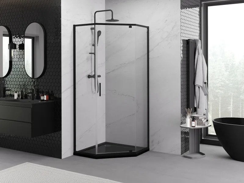 Mexen Exo-R cabină de duș pentagonală cu deschidere 90 x 90 cm, transparentă, neagră - 812-090-090-70-00
