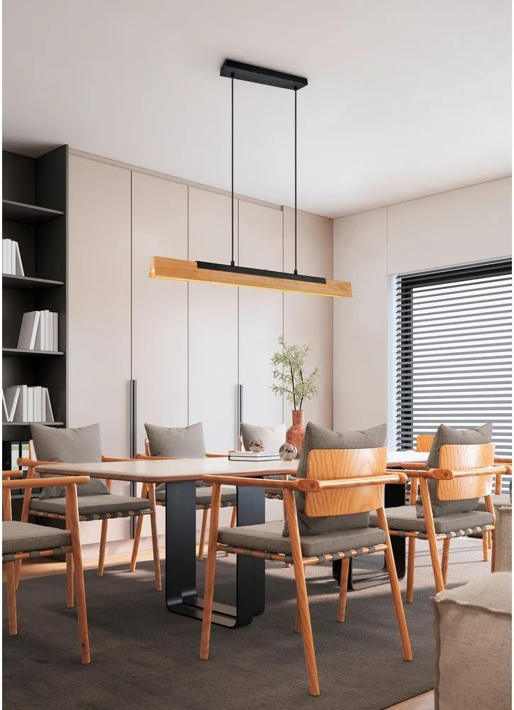 Lustră negru-mat LED cu abajur din lemn Kerala – Trio