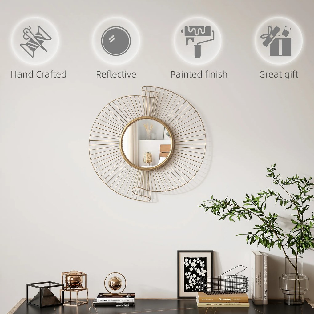 HOMCOM Oglindă Decorativă de Perete Rotundă, Design Modern cu Benzi Metalice și Ramă Plisată, Pentru Sufragerie, Dormitor și Hol, 60x60 cm, Auriu | Aosom Romania