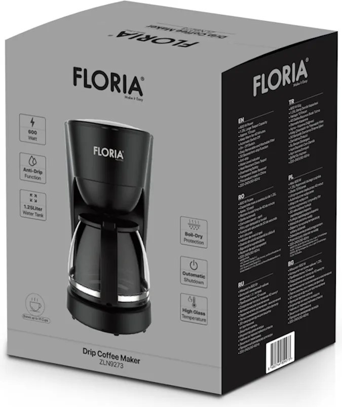 Aparat de facut cafea Floria ZLN9273 Negru, putere 600W, oprire automata, vas de 1.2 litrii