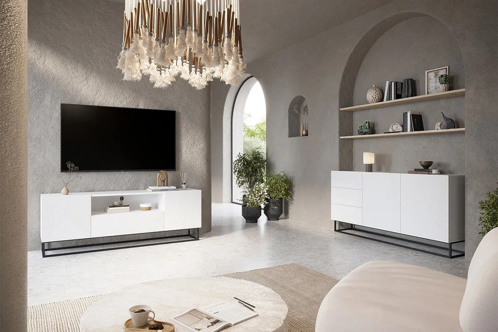 Comodă Asha 167 cm cu două uși și sertare - alb mat / cadru negru