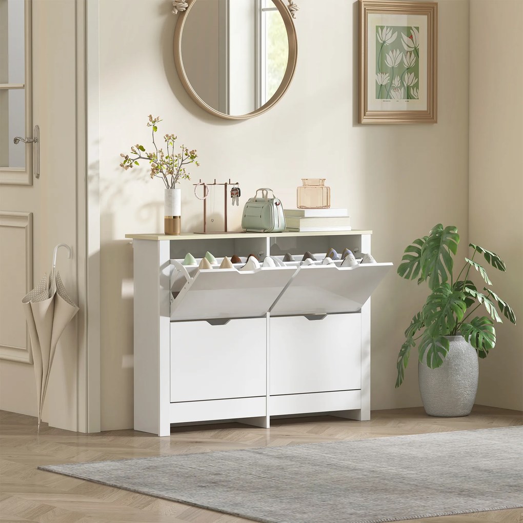 HOMCOM Dulap pentru pantofi 16 perechi, dulap îngust pentru pantofi cu 4 sertare rabatabile și rafturi reglabile, stil modern, pentru hol, intrare, 105 x 26 x 80 cm, alb și stejar | Aosom Romania