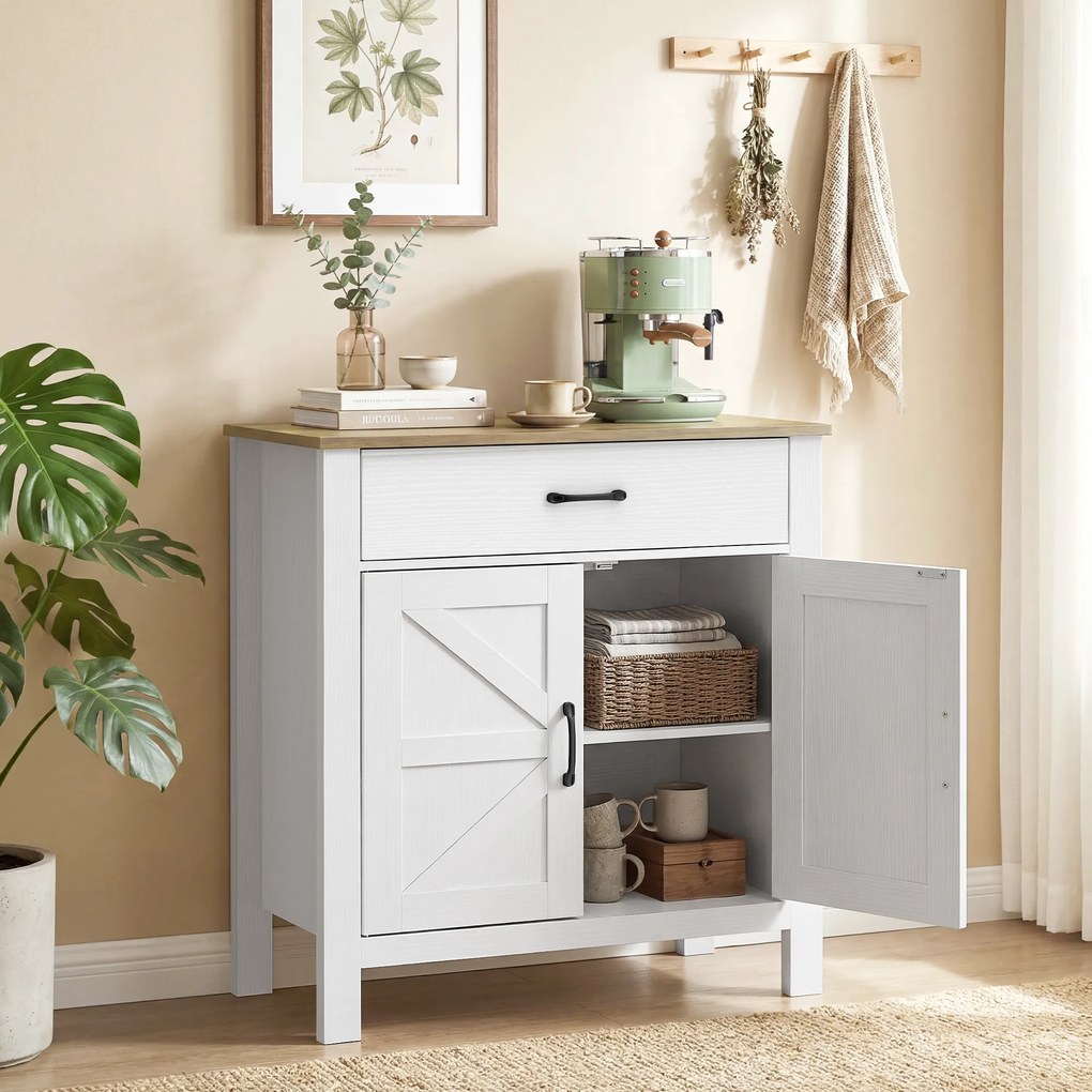 HOMCOM Bufet pentru living, mobilier de depozitare cu 2 uși tip hambar, sertar și poliță reglabilă, 77x39,3x81,5cm, alb și maro | Aosom Romania