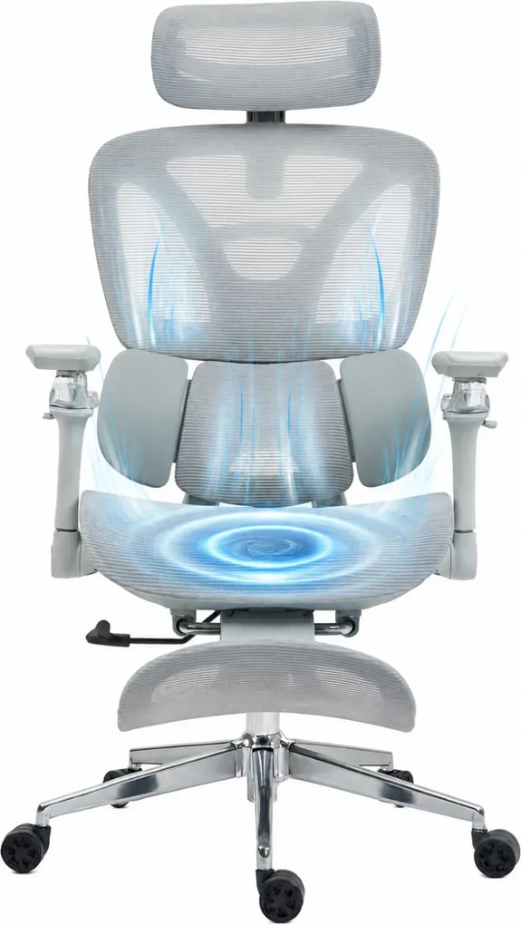 METACHAIR DORO VENT Scaun ergonomic, sezut cu ventilatie, suport lombar dinamic, spătar reglabil înălțime, cotiere 6D, tetieră 2D, suport picioare, mecanism multifunctional inclinare/blocare, pivotant, Mesh, Gri