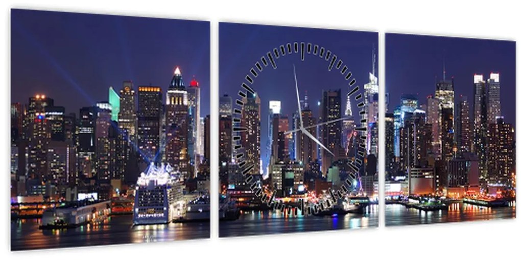 Tablou - Zgârie-nori din New York iluminate (cu ceas) (90x30 cm)