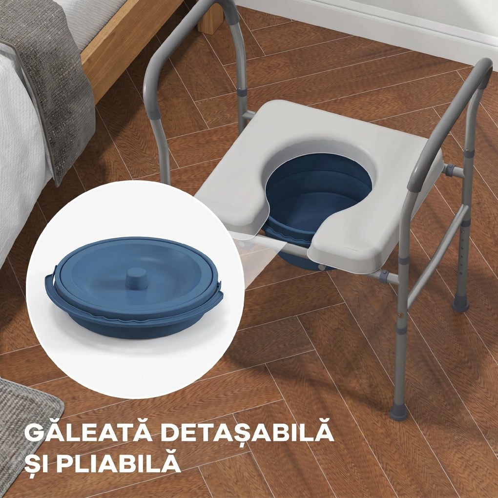 HOMCOM Scaun cu Vas de Toaletă pentru Vârstnici, Scaun de Toaletă Multifuncțional 4-În-1 cu Înălțime Reglabilă, 64x53x70-82 cm, Gri | Aosom Romania
