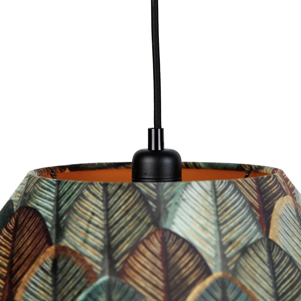 Lampă suspendată neagră cu abajur dublu de catifea, design cu frunze și bej, cu 2 lumini - Cava Luxe