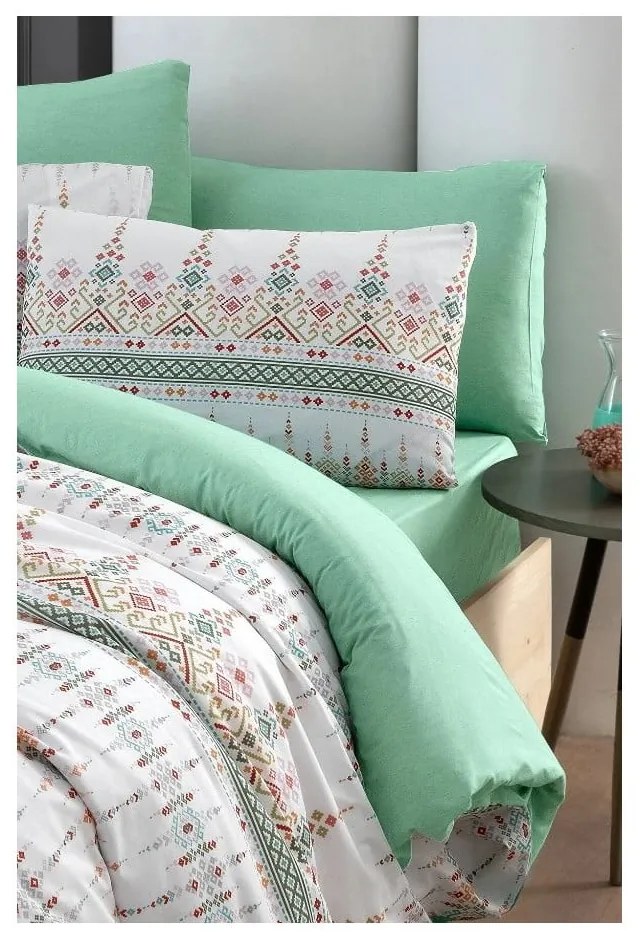 Lenjerie de pat albă/verde pentru pat dublu/canapea extinsă cu cearceaf inclus/cu 4 piese 200x220 cm Ethnic – Mila Home