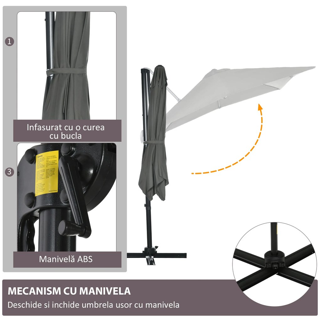 Outsunny Umbrelă de Grădină cu Manivelă de Mână cu Unghi Reglabil pe 5 Niveluri și Rotație la 360°, 245x245x248 cm, Gri | Aosom Romania