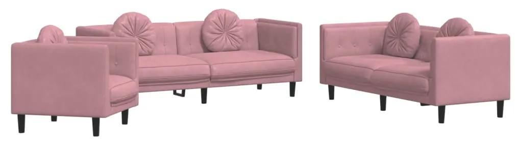 3209250 vidaXL Set canapea cu perne, 3 piese, roz, catifea