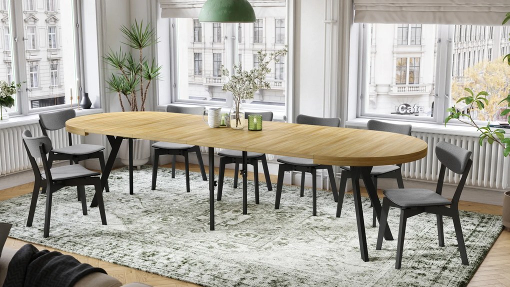 Mazzoni VITO Stejar American/picioare negre - MASĂ MARE ROTUNDĂ Ø110 EXTENSIBILĂ PÂNĂ LA 310 cm CU PICIOARE "Y" LOFT/INDUSTRIALĂ