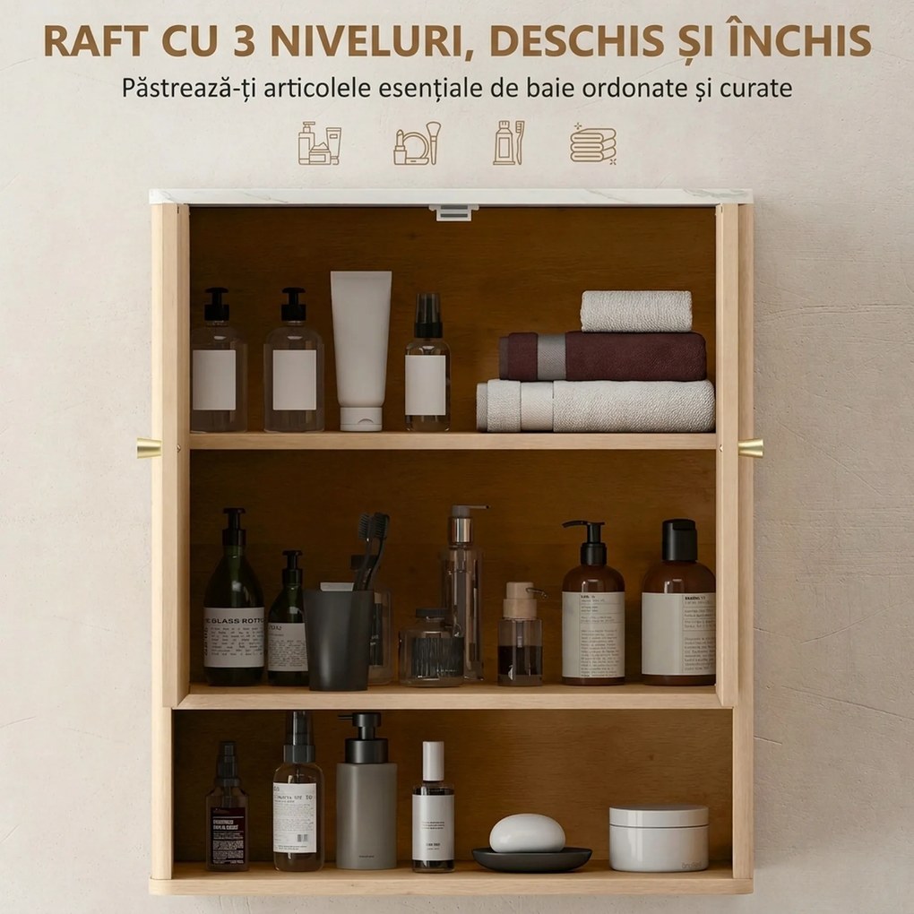 HOMCOM Dulap de Baie de Perete cu Raft Deschis și Uși Decorate Stejar | Aosom Romania
