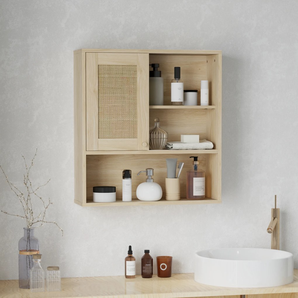 HOMCOM Armoire murale, mobilier suspensie baie cu ușă glisantă din răchită și rafturi deschise, lemn natural | Aosom Romania