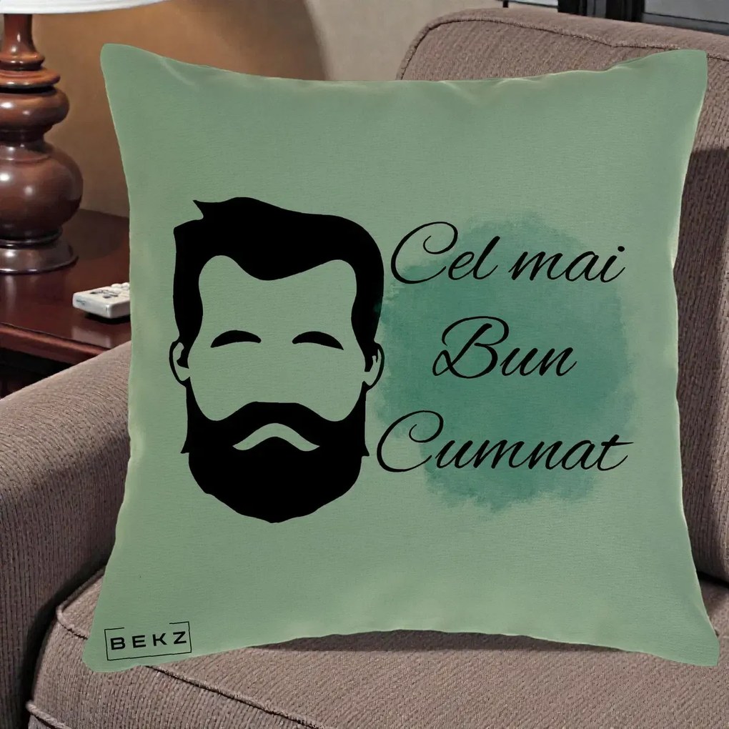 Cadou pentru Cumnat - Perna Personalizata Cel mai Bun Cumnat cu Portret Barbat si Pete Teal, 40x40 cm, Verde, Husa Detasabila, Perna Inclusa, BEKZ®