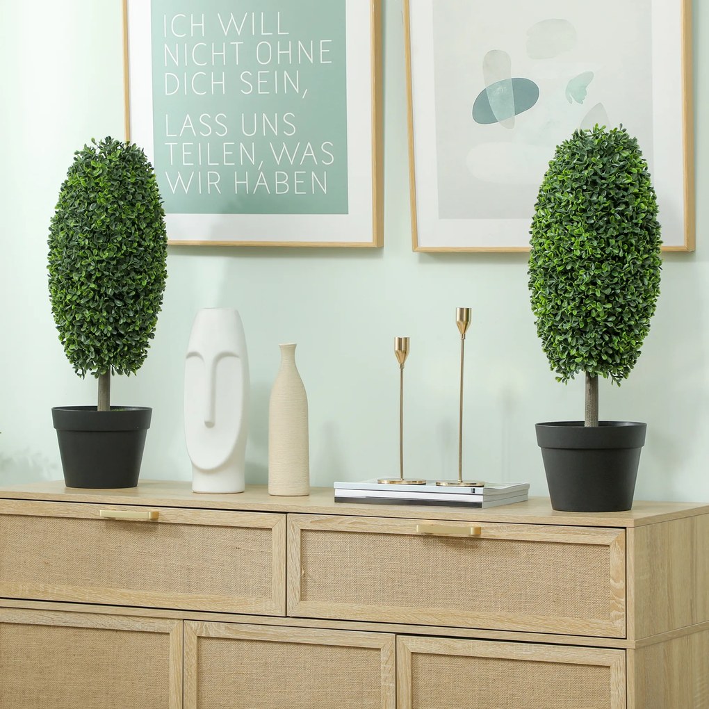 HOMCOM Set de 2 plante artificiale, Arbori de plastic rezistenți la UV în ghiveci, Plastica, Ciment, Verde | Aosom Romania